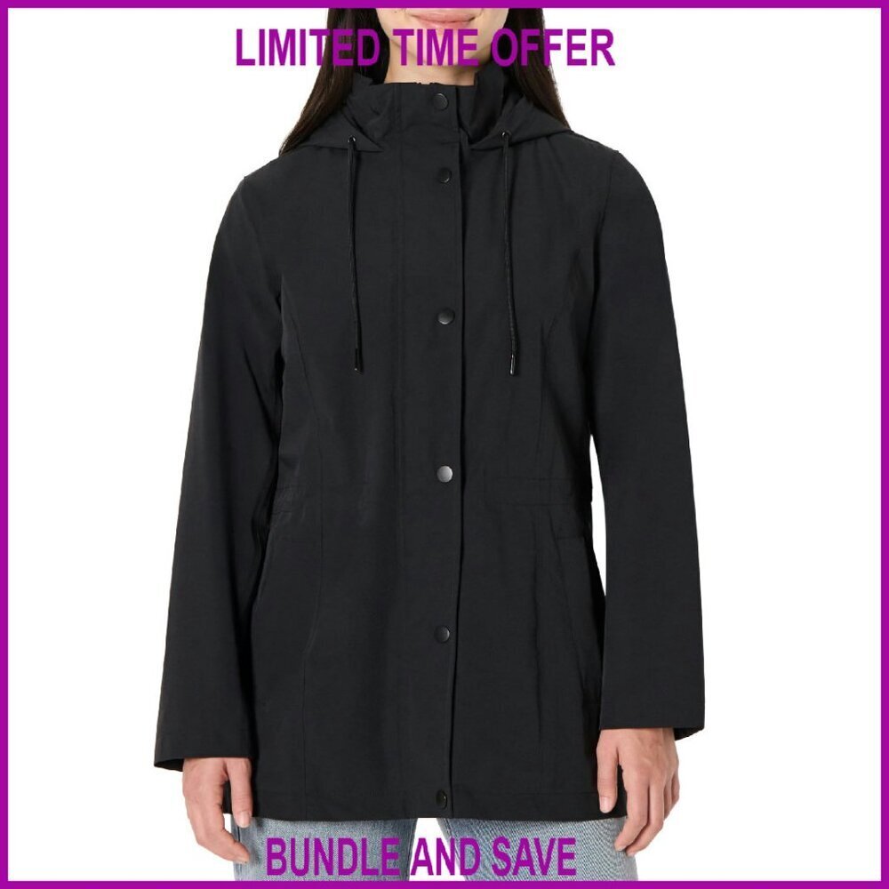 Women's Relaxed Fit Waterproof Nylon Hooded Rain Jacket Long